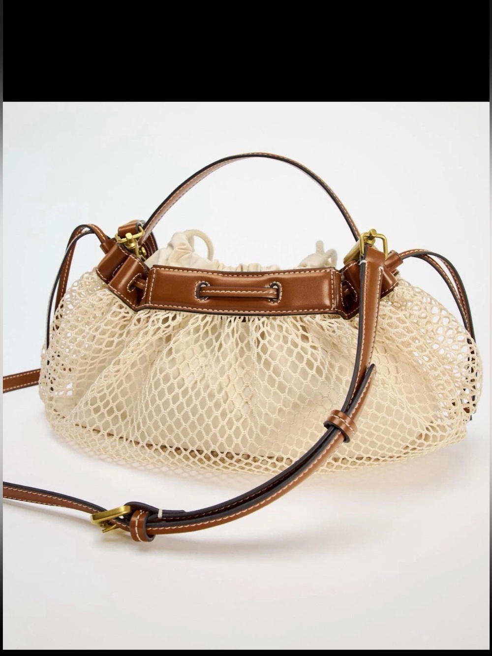 Zara Brown Leather-Trim Beige Mesh Crossbody Bag.  NWOT.